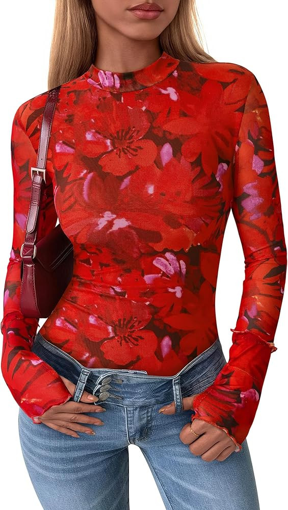 PRETTYGARDEN Womens Mesh Floral Blouses 2025 Fall Clothes Long Sleeve Going Out Tops Fitted Shirt... | Amazon (US)