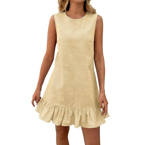 Lmdudan Cotton Linen Striped Dress for Women Sleeveless Ruffle Hem Mini Dress 2026 Summer Crewnec... | Amazon (US)