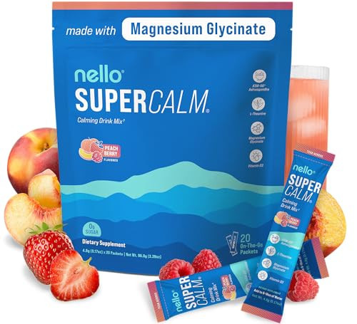 Nello Supercalm Drink Mix - Ashwagandha KSM 66, Magnesium Glycinate & L-Theanine Supplement - Ashwagandha Root Extract - Focus and Relaxation Support (20 Travel Packets) - Peach Berry | Amazon (US)