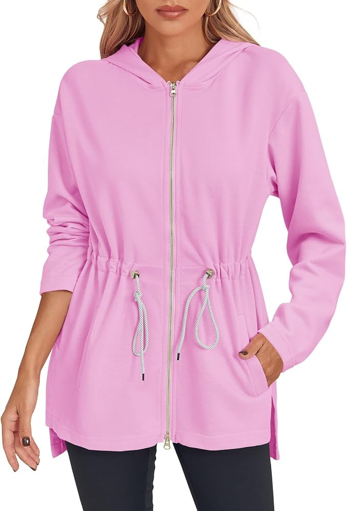 Fisoew Women's Zip Up Hoodie Sweatshirts Oversized Long Sleeve Casual Drawstring Waist Side Slit ... | Amazon (US)