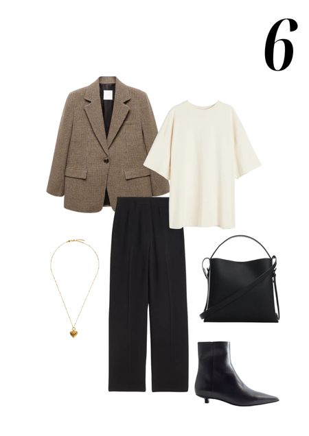Workwear look with a checked brown blazer, oversized cream/ecru t-shirt, tailored black trousers, gold heart necklace, black shopper and ankle boots with kitten heels

#LTKworkwear #LTKstyletip