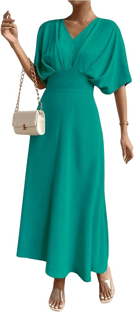 Floerns Women's V Neck Half Sleeve Ruched Cocktail Evening A Line Long Dress | Amazon (US)