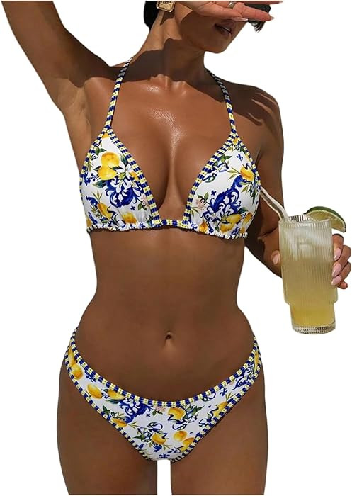 WDIRARA Women's 2 Piece Swimsuits Boho Lemon Print Halter Triangle Bikini Set High Cut Bathing Su... | Amazon (US)
