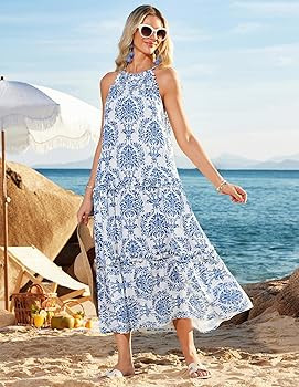 GRACE KARIN Women's Maxi Boho Dress Casual Summer Loose Long Floral Sundresses Flowy Halter Tiere... | Amazon (US)