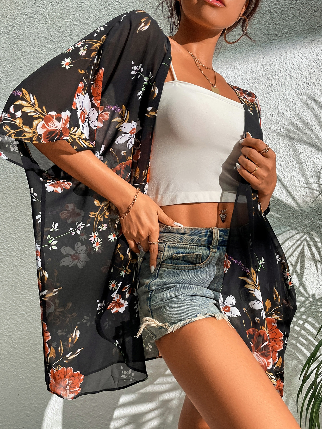 SHEIN Swim Classy Floral Chiffon Kimono | SHEIN