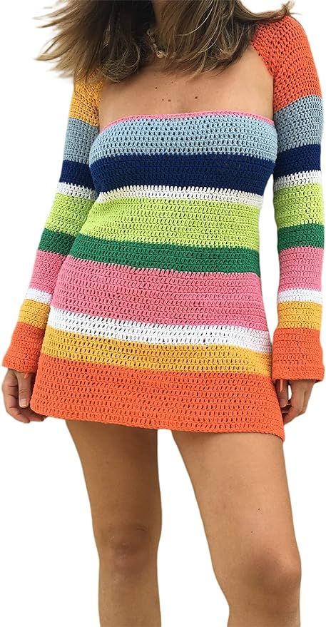 Womens y2k Cover up Hollow Out Crochet Knitted Crop Tops Multicolor Stripes Trendy Y2K Tee Shirt ... | Amazon (US)