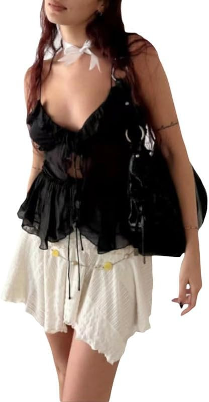 Women Spaghetti Strap Lace Crop Camisole Sleeveless V Neck Cami Top Vintage Backless Tank Top Y2k... | Amazon (US)