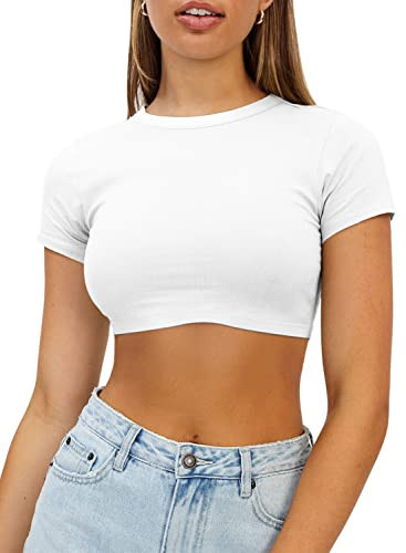 Haochic Women White Crop Tops Crewneck Summer Shirt Basic Short Sleeve Fitted Ribbed Casual Double Lined Blouse Cute Cropped Top Tee S | Amazon (US)