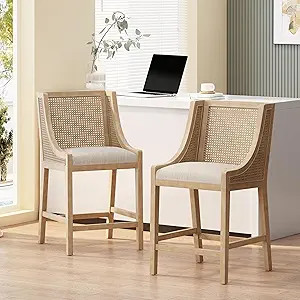Merax 25.5" Fabric Upholstered Wood and Cane Counter Stools with Backrest,Set of 2,French Country... | Amazon (US)