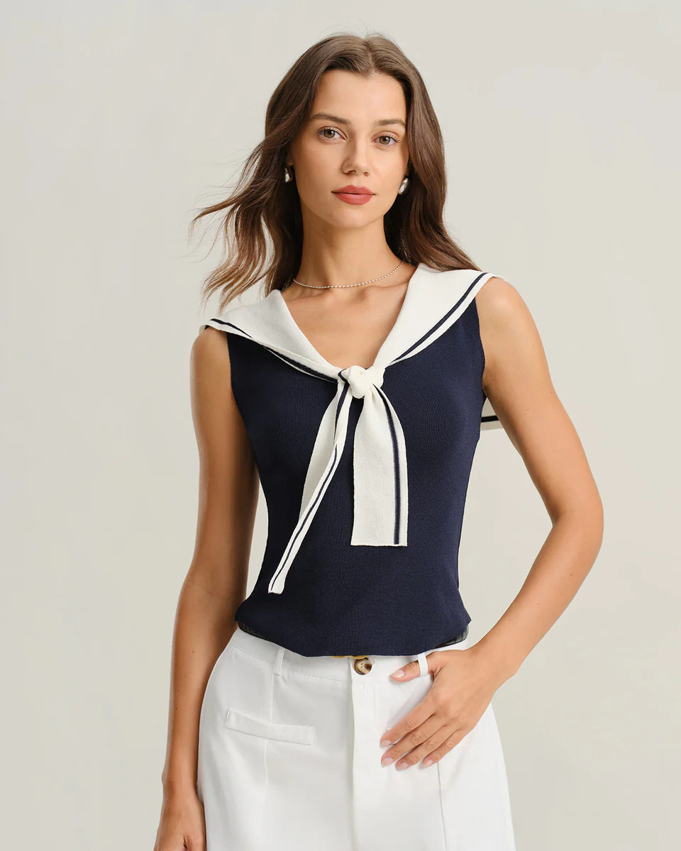 Blue Contrast V Neck Tank Top | rihoas.com