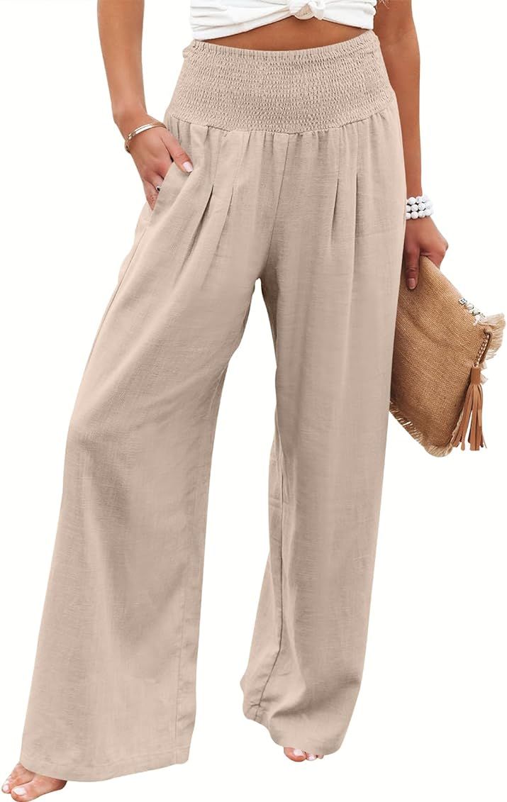 ANRABESS Women Linen Palazzo Pants Summer Boho Wide Leg High Waist Casual Lounge Pant Trousers with  | Amazon (US)