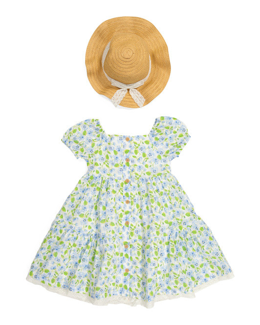 Toddler Girls Square Button Front Dress With Hat | TJ Maxx