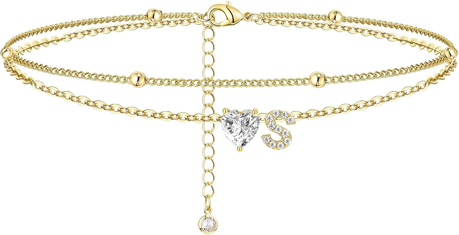 Ankle Bracelets for Women Waterproof 14K Gold Plated CZ Initial Anklet for Women Dainty Layered Letter Heart Ankle Bracelets Handmade Adjustable Foot Chain Anklet Summer Beach Jewelry | Amazon (US)