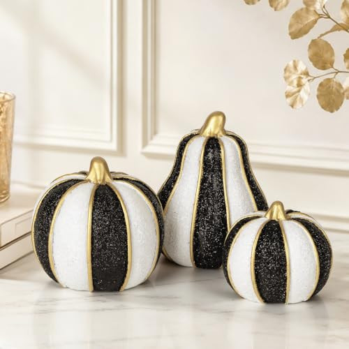 AELS Modern Pumpkins Fall Decor Indoor, Set of 3 Elegant Tabletop Decorations, Resin Artificial Pumpkins with Glitter Finish for Fall Table Runner, Office, Holiday Party Home, Black and White | Amazon (US)