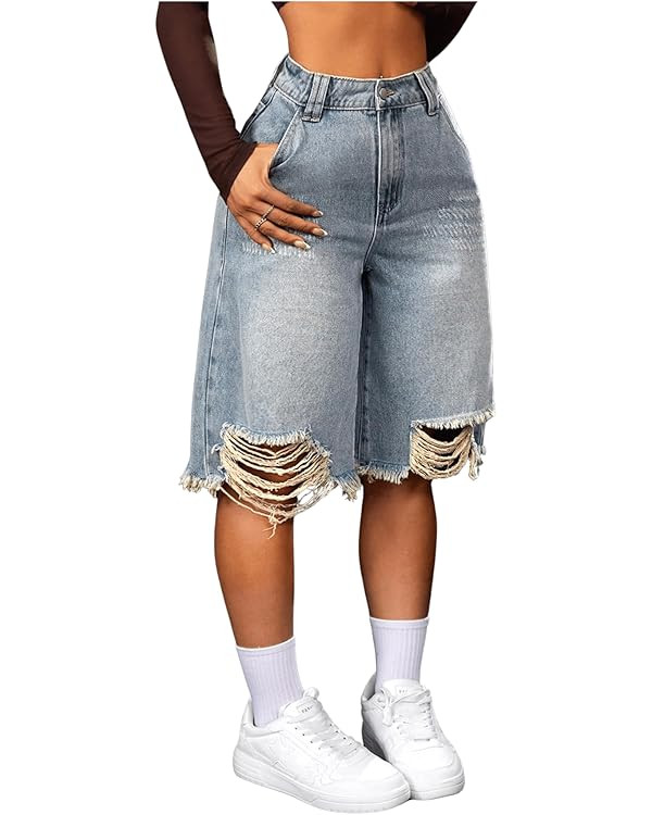 Women's Ripped High Waist Jean Zipper Button Denim Shorts Distressed Raw Hem Bermuda Shorts with ... | Amazon (US)