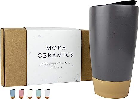 Mora Double Wall Ceramic Coffee Travel Mug with Lid, 14 oz, Portable, Microwave, Dishwasher Safe,... | Amazon (US)