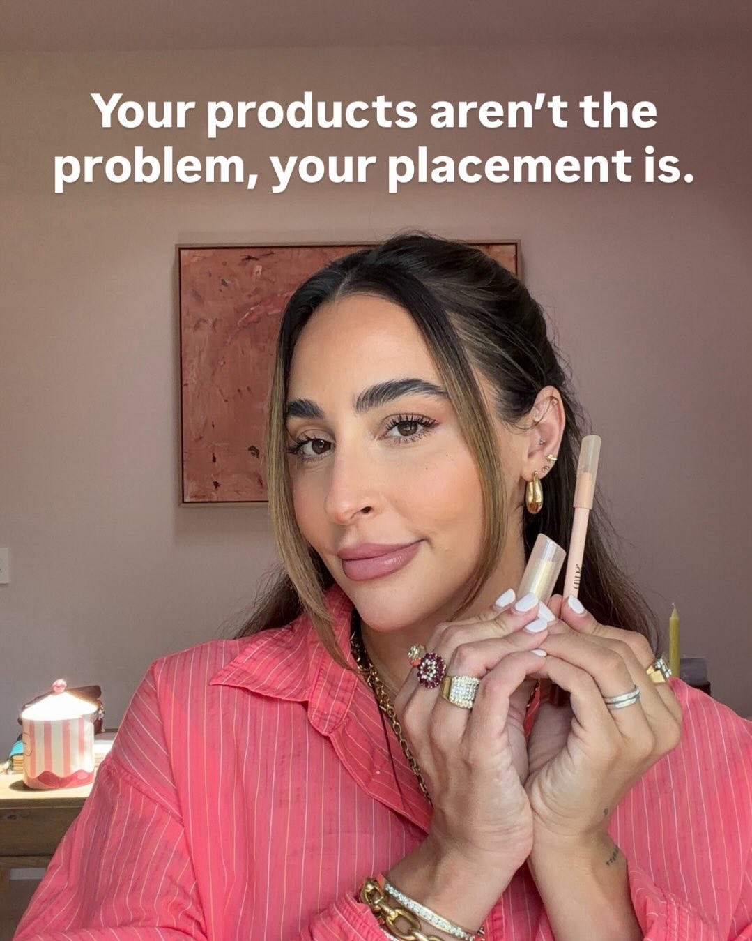 Where I place my products in my late 30’s to look & feel my best 🤌🏼

More is not more here! But I will say, the product does* matter here…ditch your old liquid concealer ;)

Shade 5.5 @dibsbeauty double sided bronzer (blend with the OG dibs brush!) 

Place the blush on top (shade 2 blush!) 

This powder blurs and brightens at the same time (shade 222)

Hot take, this is a lip liner I’m using as a eyeliner for a more natural look.

Start at the root and wiggle the wand up to the ends (add a little extra to the outer corner lashes to lift and have a fluttery/flirty vibe)

Don’t skip the lip liner 💋

Love you byyyyeeeee