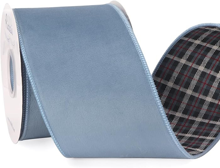 Ribbli Dusty Blue Velvet Wired Ribbon with Plaid Reversible 4 Inch Christmas Ribbon for Gift Wrap... | Amazon (US)