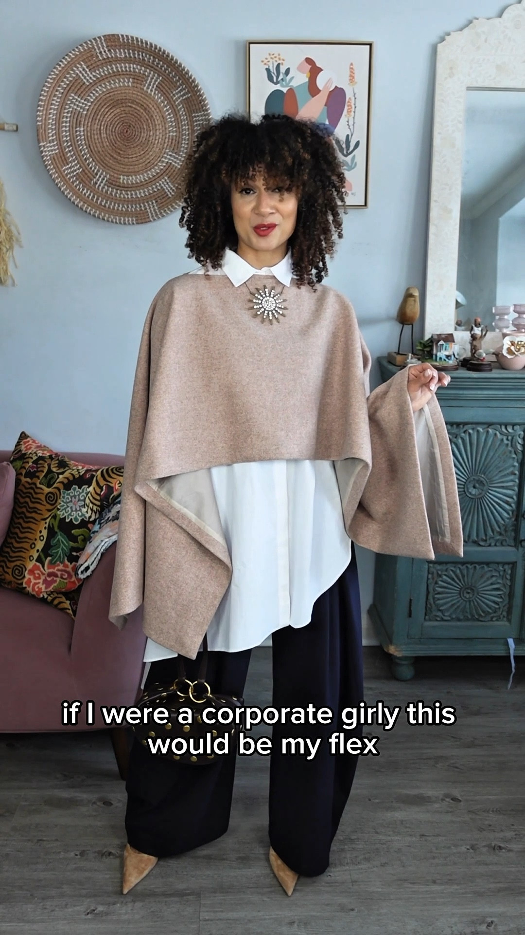  A very elevated winter look for women over 35 

I’m in a XS in the pants. They run big for Zara (which can run small) so size down . 
XS in the shirt which also runs bigger for the brand. (Sometimes I do S, somtimes XS, sized down for this one)
Medium in the tee in the beginning. (Could have maybe done the small also as this will stretch a bit) 
XS in the cape top 