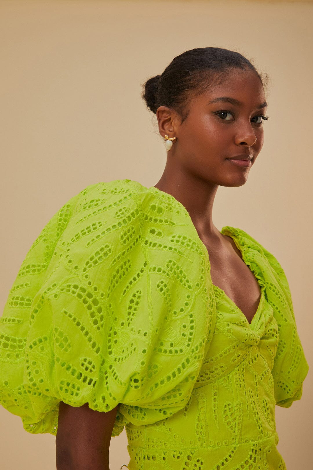 Green Monstera Eyelet Short Sleeve Mini Dress | FarmRio (US)