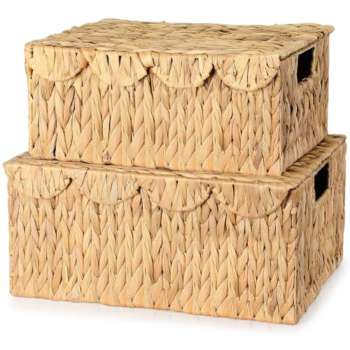 RESENSTORE Large Wicker Basket with Lid, Wicker Storage Basket with Built-in Handles, Scalloped Edge Handwoven Basket for Shelves, Natural Water Hyacinth Wicker Basket for Gifts, Set of 2 | Amazon (US)