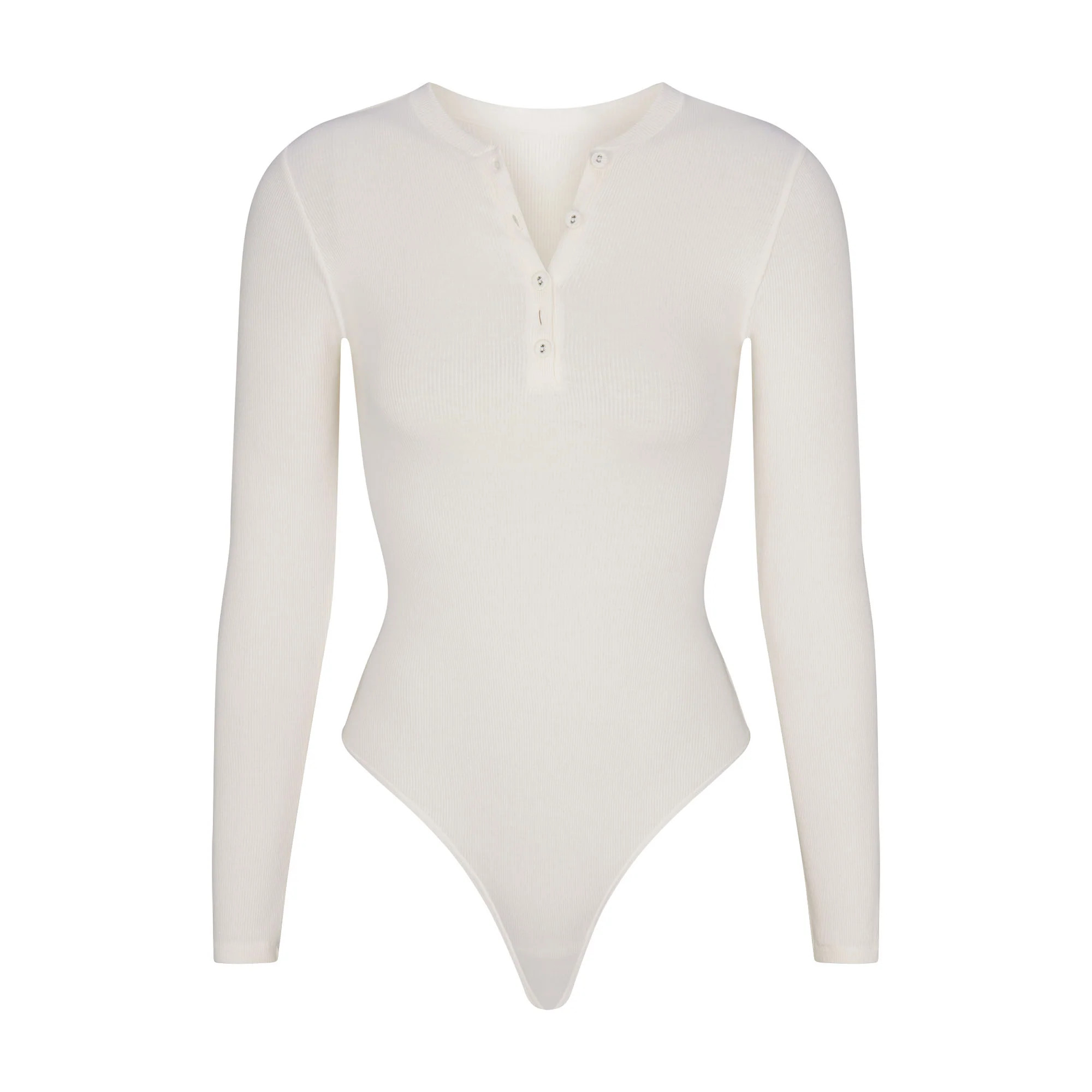 COTTON RIB LONG SLEEVE HENLEY BODYSUIT | MARBLE | SKIMS (US)