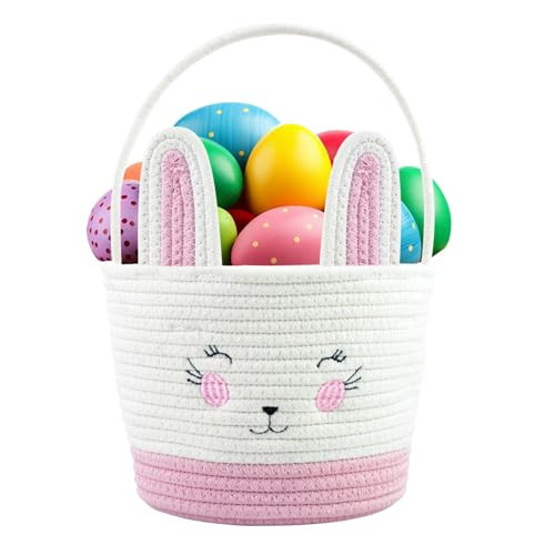 Pink Easter Baskets for Kids Empty Cute Bunny Egg Basket with Handle Woven Easter Eggs gifts basket for Storage | Amazon (US)