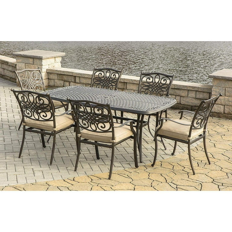 Hanover Traditions 7-Piece Rust-Free Aluminum Outdoor Patio Dining Set with Tan Cushions, 6 Dinin... | Walmart (US)