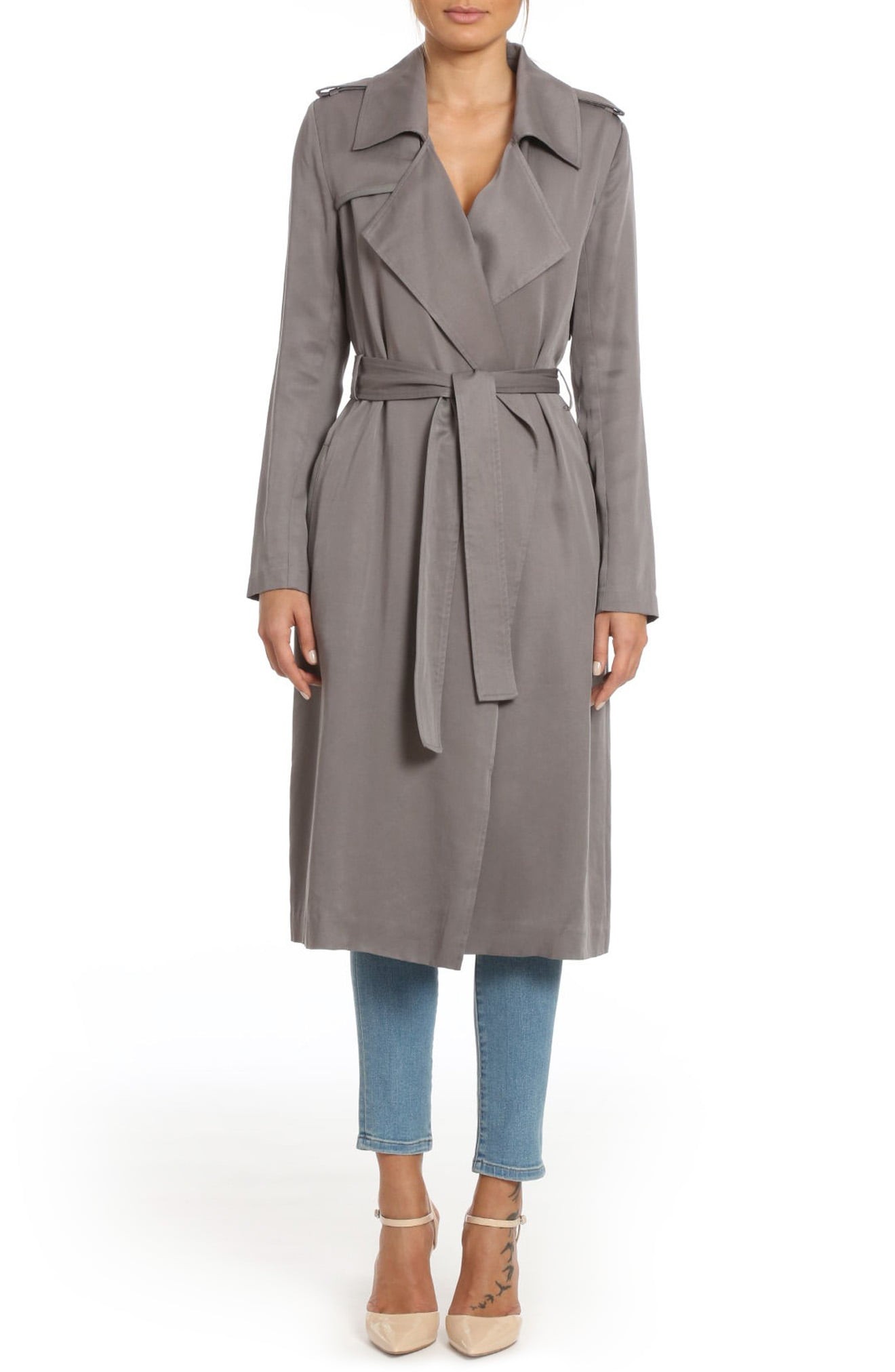 Badgley Mischka Faux Leather Trim Long Trench Coat | Nordstrom