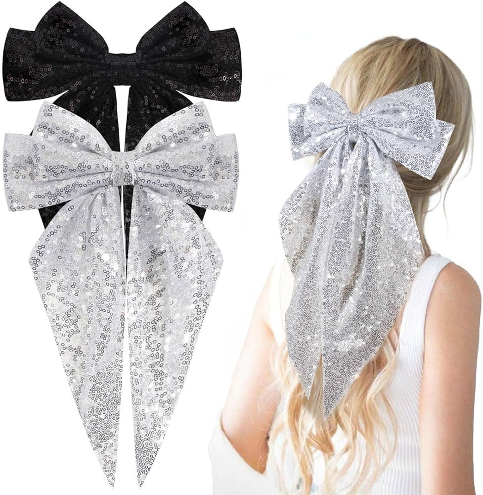 2Pcs Big Glitter Layered Hair Bows for Women Girls 8 Inch Barrette Hair Clip Black Sliver Sparkly... | Amazon (US)