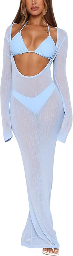 3 Piece Swimsuits for Women Sexy Halter Triangle Thong Bikini Sets with Sheer Mesh Beach Cover Up... | Amazon (US)