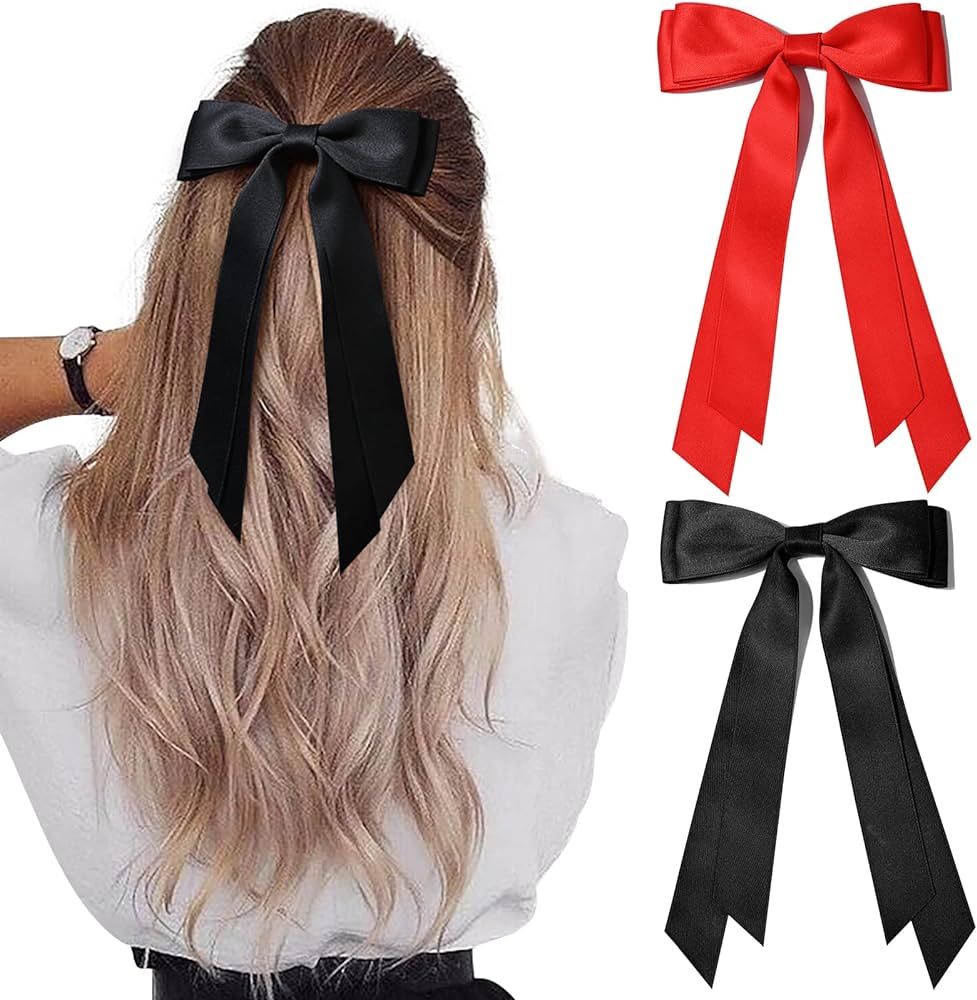 2PCS Silky Satin Hair Bows Hair Clip Black Red Hair Ribbon Ponytail Holder Accessories Slides Met... | Amazon (US)