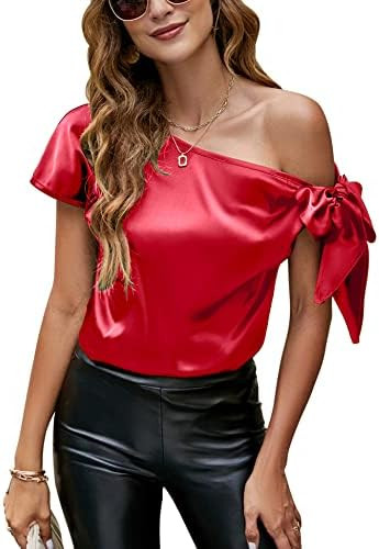 VIDUSSA Women's Off Shoulder Silk Tops Casual Short Sleeve Asymmetrical Neck Satin Blouse Shirts | Amazon (US)