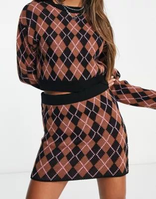 ASOS DESIGN knit mini skirt in argyle pattern in brown - part of a set | ASOS (Global)
