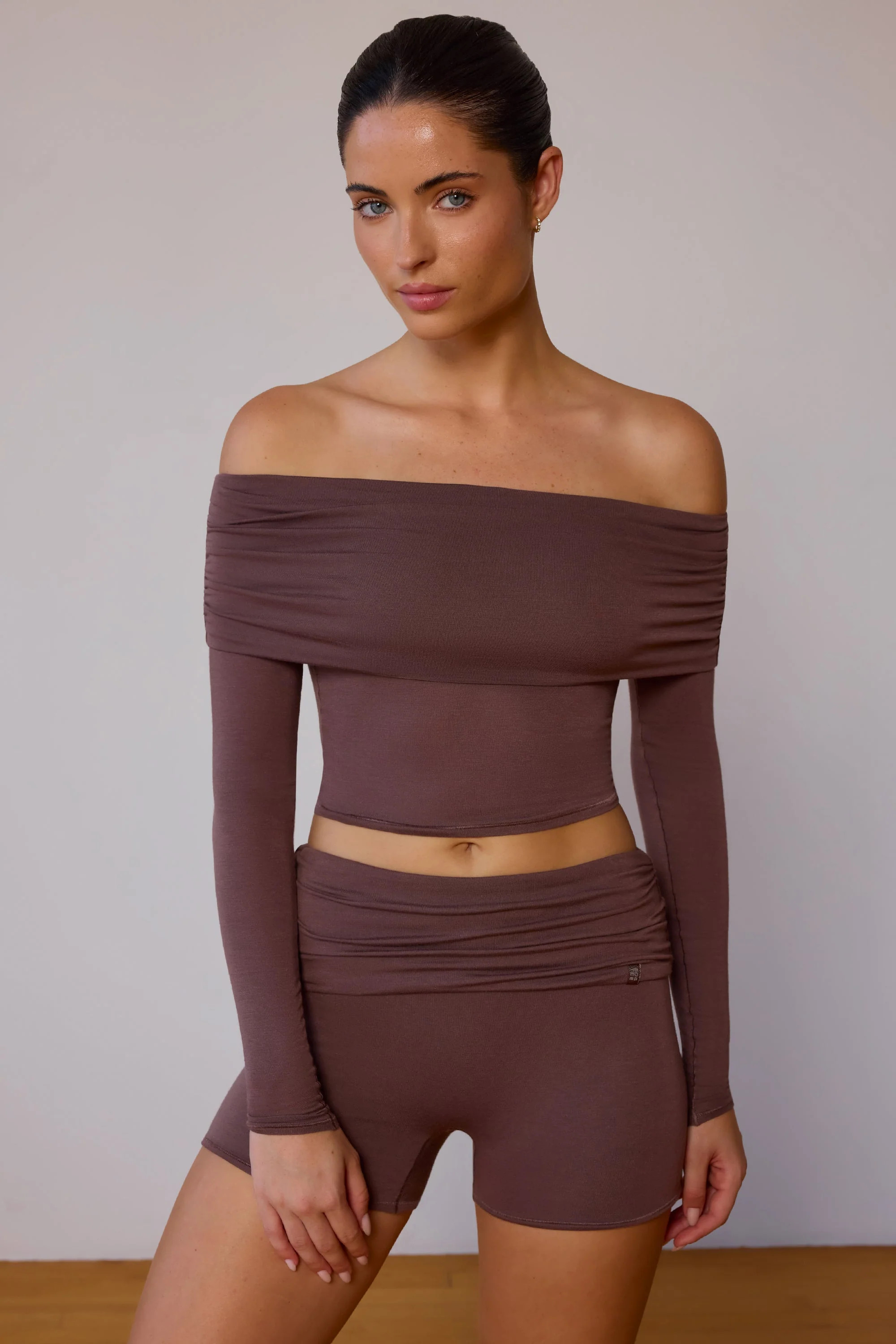 Sheer Off-Shoulder Long-Sleeve Top in Taupe Brown | Oh Polly