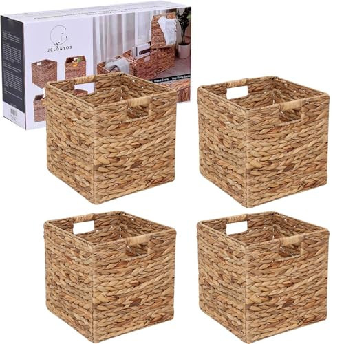 12x12in Storage Baskets Set of 4 Water Hyacinth Baskets,Foldable Handwoven Storage Cubes,Wicker Cube Baskets Laundry Organizer Totes for Home | Amazon (US)