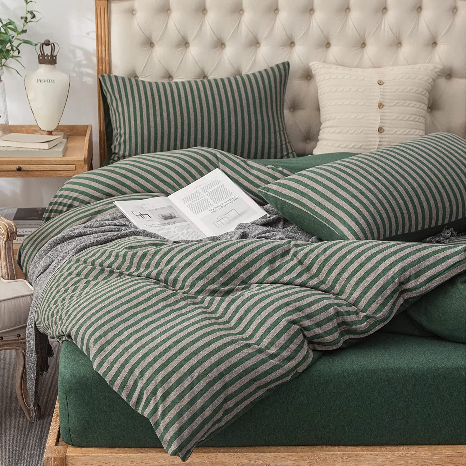 PURE ERA Forest Green Stripe Reversible 100% Jersey Cotton Duvet Cover bedding Set Soft Washable( Queen Size) | Walmart (US)