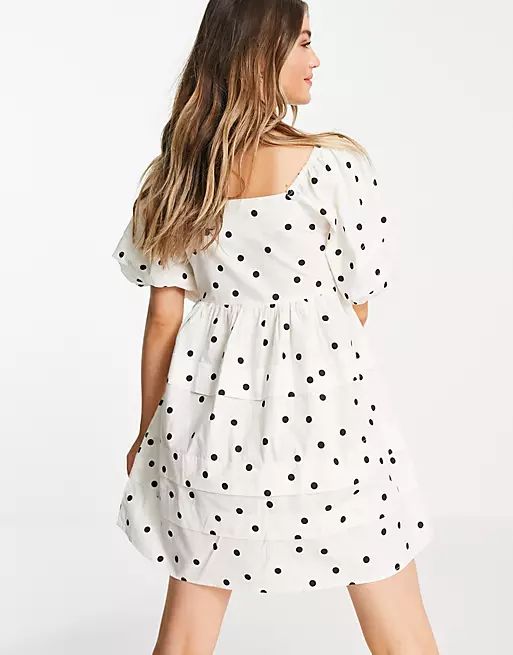 Influence puff sleeve cotton poplin mini dress in polka dot | ASOS (Global)