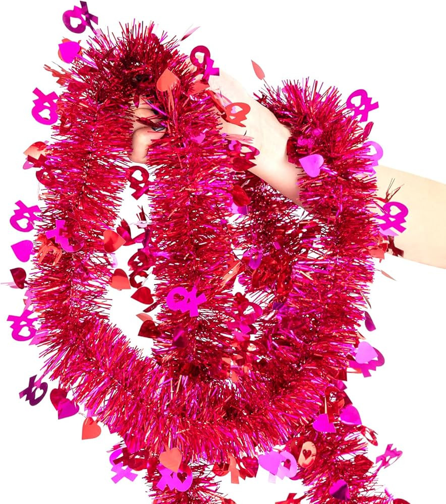 33FT Valentine's Day Tinsel Garland, Red Pink Metallic Twist Foil Tinsel Garland with Heart Ornam... | Amazon (US)