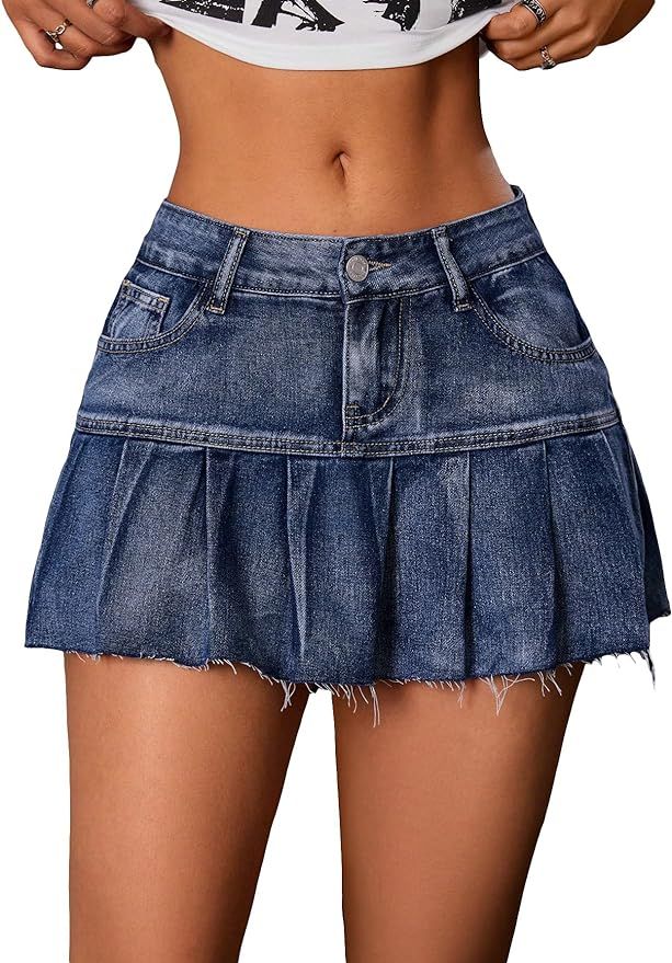 Verdusa Women's Buttoned High Waist A Line Pleated Denim Mini Skirt | Amazon (US)