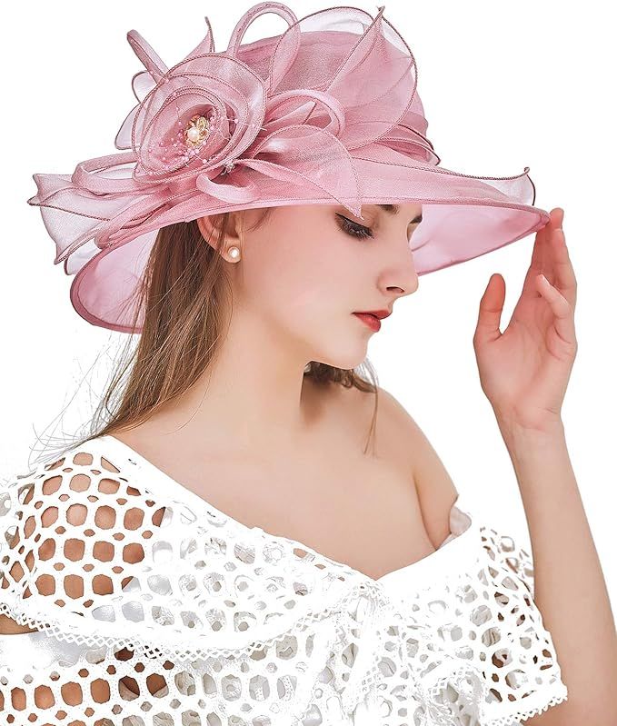 Z&X Organza Church Fascinator Wedding Tea Party Derby Hats for Women Flower Wide Brim Sun Hat | Amazon (US)