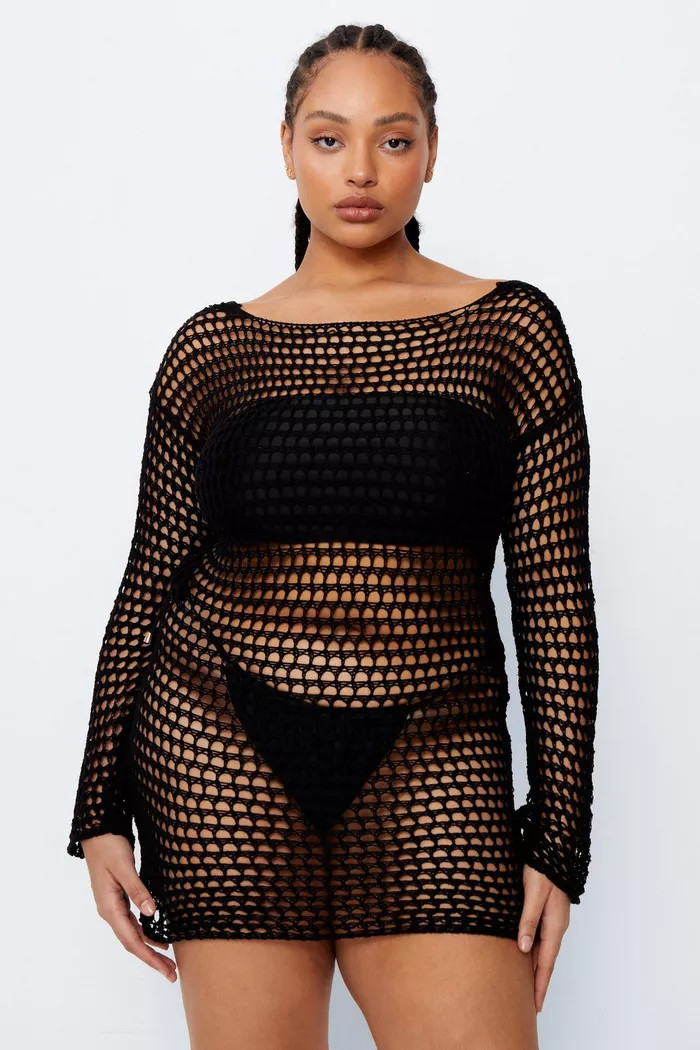 Plus Crochet Low Back Mini Beach Dress | Boohoo.com (UK & IE)