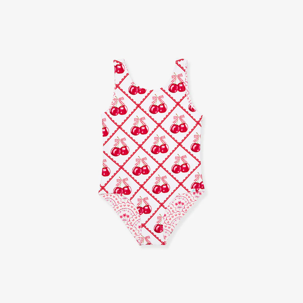 Cherry Red Girls One Piece Swimsuit | Cheryl | Posh Peanut