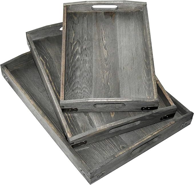 Owlgift Vintage Grey Wood Serving Trays with Brass Metal Wrap Accents, Set of 3 | Amazon (US)