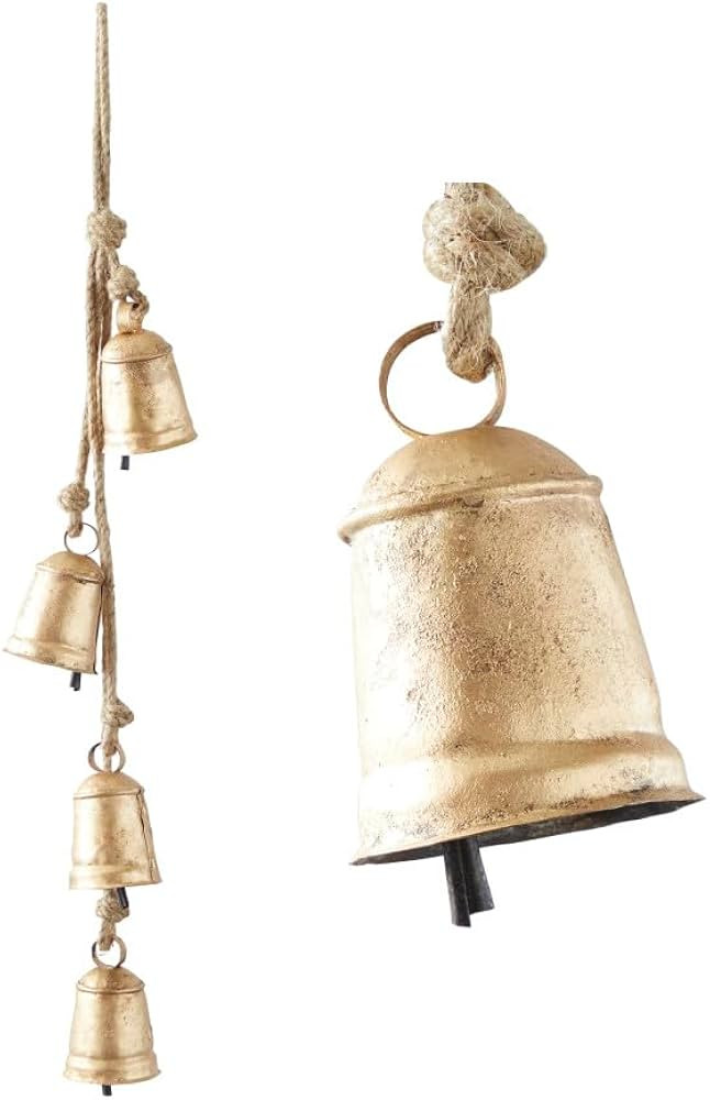 Deco 79 Metal Tibetan Inspired Decorative Cow Bell with Jute Hanging Rope, 4" x 3" x 29", Gold | Amazon (US)