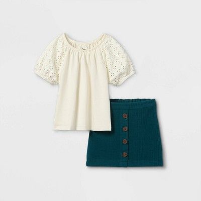 Toddler Girls' 2pc Eyelet Corduroy Short Sleeve Top & Skirt Set - art class™ Cream/Teal | Target