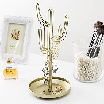 MyGift Gold Metal Jewelry Holder Stand with Ring Tray, Decorative Cactus Shaped Jewelry Tree for ... | Amazon (US)