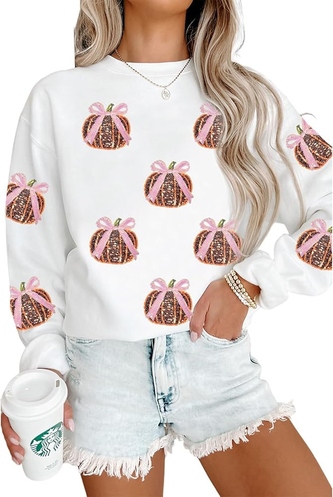 whoinshop Christmas Sweatshirts For Women Sequin Xmas Tops Orange Long Sleeve Shirts Crew Neck Ca... | Amazon (US)