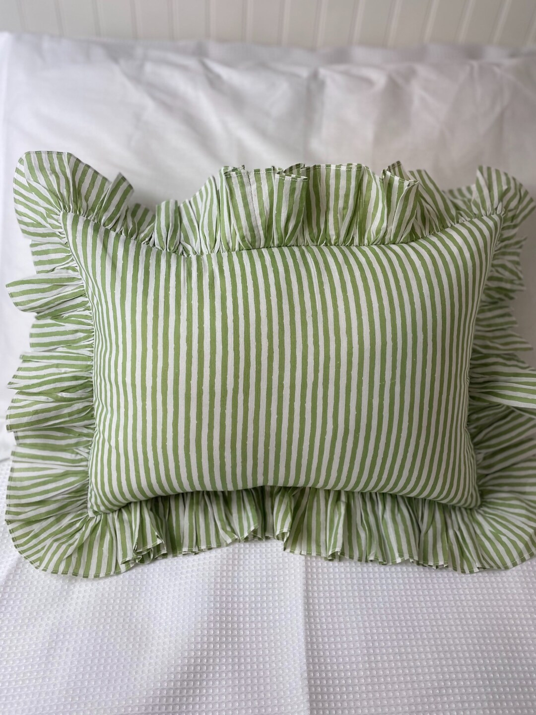 Sage Green Stripe Ruffle Blockprint Mini Cushion - Etsy | Etsy (US)
