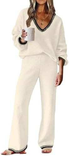 ETCYY NEW Womens 2 Piece Outfits Sweater Lounge Set Casual V Neck Knit Pajama Set Long Sleeve Top... | Amazon (US)